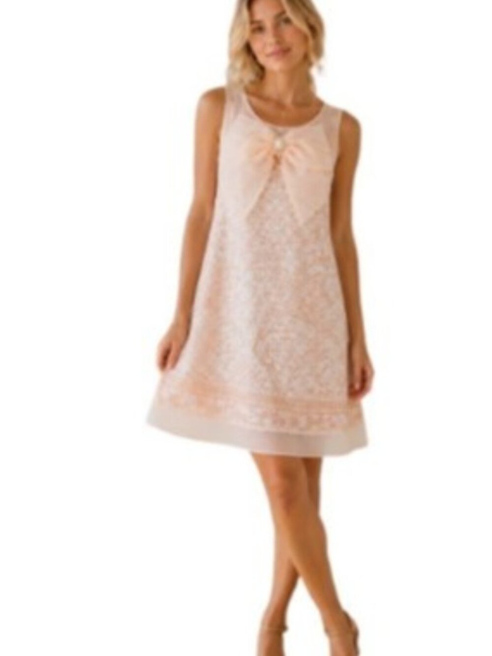 MaxMara Womens Mini Shift Dress Coral Peach Embroidered Lace Silk Bow Neck US 4